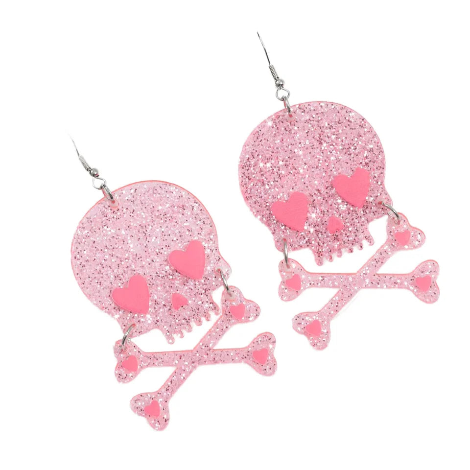 Hot Selling Cute Pink Heart Skull Earrings Unique Valentine Day Shiny Acrylic Earrings for Women