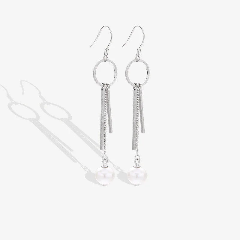 925 Sterling Silver Hypoallergenic Elegant Long Style Tassel Drop Charm Pearl Earring