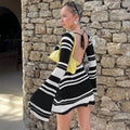 Beach Knit Dress Women Knitted Sweater Striped Backless Dress Bell Sleeve Ladies Dress