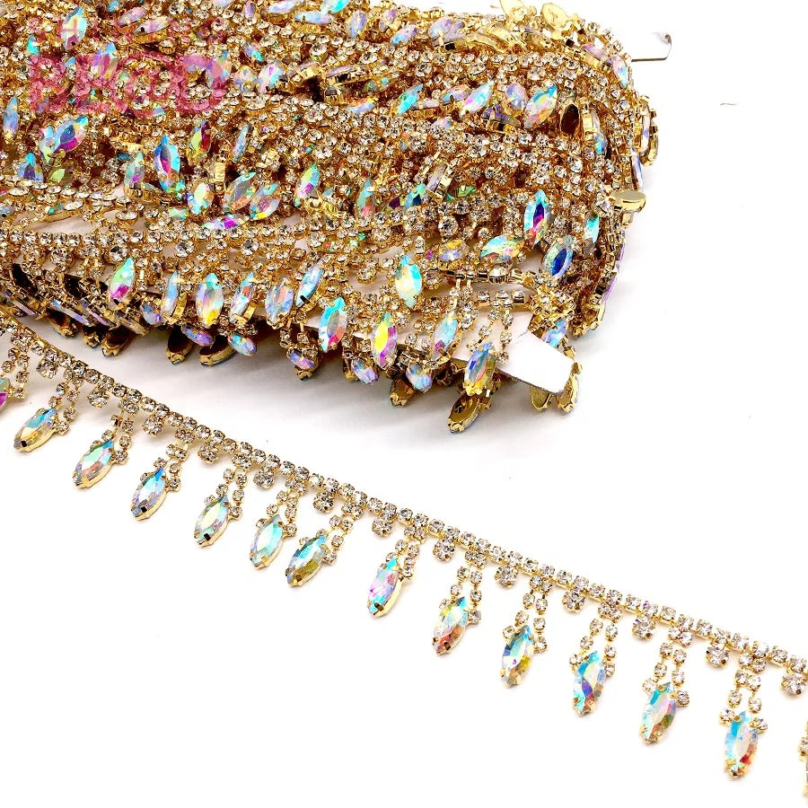 Beautiful Long Tassels Gold Applique Trims Sewing Diamond Chain Wedding Garment Decoration Costume Gold Applique Trims Sewing