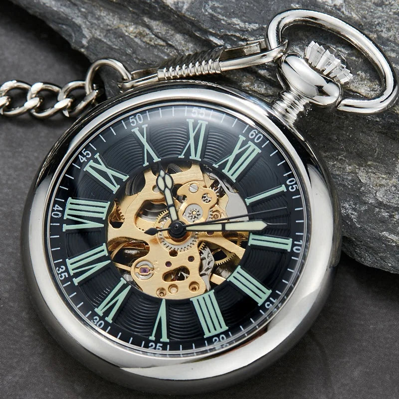 Vintage Watch Necklace Steampunk Skeleton Mechanical Pocket Watch Clock Hand-winding Men Women Chain Gift De Bolso