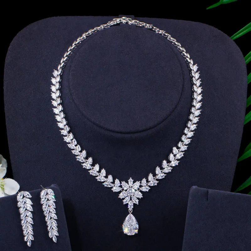 Good Quality Shiny White Cubic Zircon Long Leaves Earrings and Necklace Luxury Banquet Wedding Bridal Jewelry Sets for Women