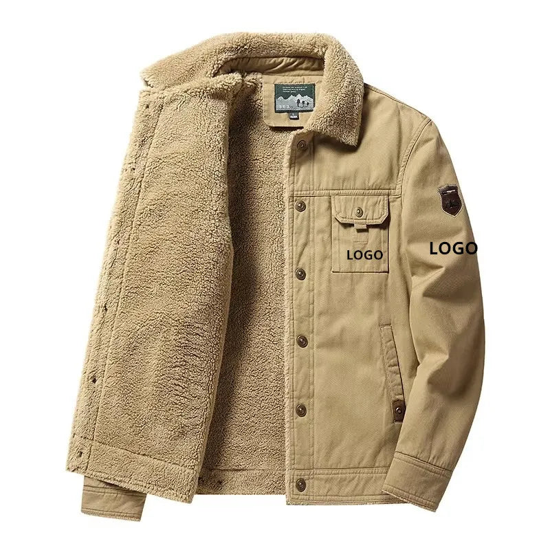 Men Jacket Thick Thermal Cotton Warm Fleece Lined Coat Work Cargo Single Breasted Mans Jacket Winter