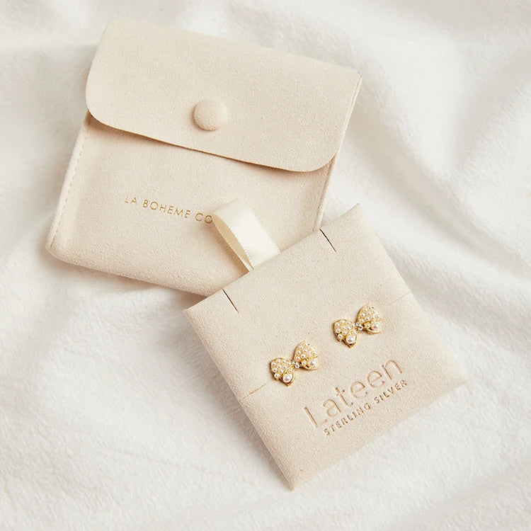 Custom Logo Beige Jewelry Packaging Pouches Small Velvet Suede Microfiber Jewelry Pouch Bags With Card