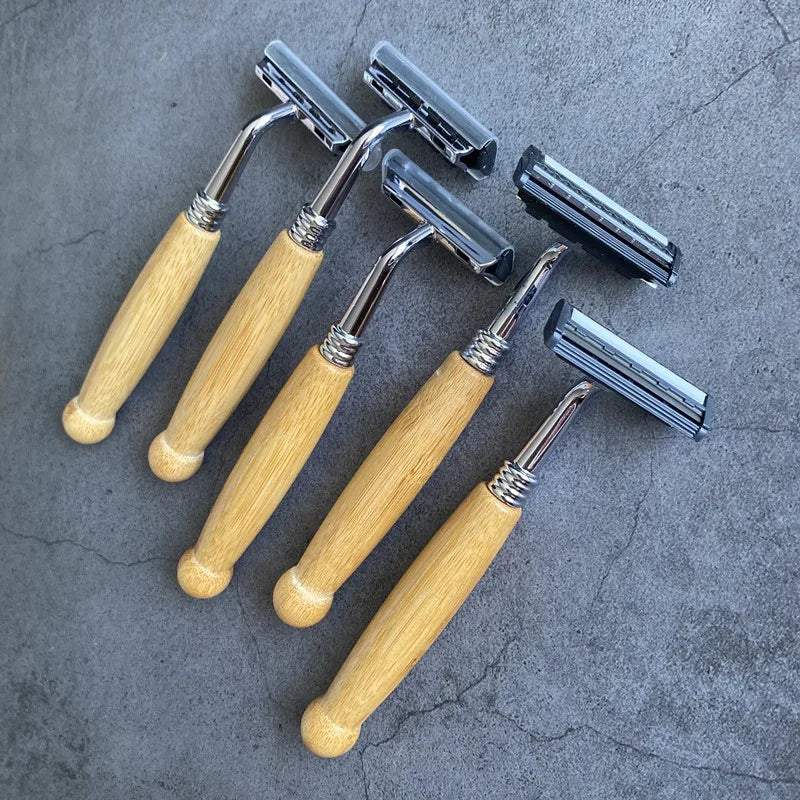 Bamboo Safety Stainless Three & Two Blades Razor Shaver Reusable Wooden Biodegradable Men Face Bamboo Razor