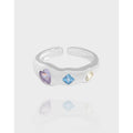 Fashion Wild Heart Square Colorful Zircon Paved Wedding 925 Sterling Silver Open Finger Rings for Girls Fine Jewelry