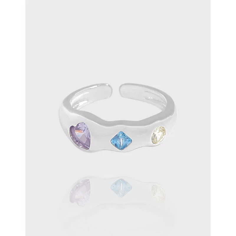Fashion Wild Heart Square Colorful Zircon Paved Wedding 925 Sterling Silver Open Finger Rings for Girls Fine Jewelry