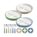 8" Large Porcelain Toddler Plates Feeding Set Anti Slip Silicone Sleeve Spoons Forks Divided Kids Dining Set MegaBDM