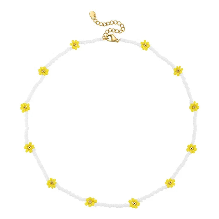 Hypoallergenic 18K Gold Plated Stainless Steel Beaded Yellow Flower Choker Necklace for Women Fashion Jewelry P213267