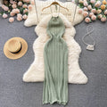 High Sense Celebrity Temperament Neck Hanging Sleeveless Hollow Knit Dress for Female Slim Cut Holiday Evening Dresses