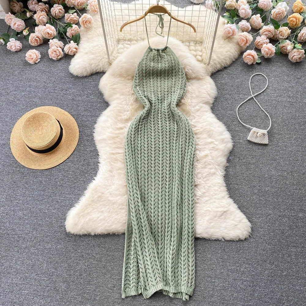 High Sense Celebrity Temperament Neck Hanging Sleeveless Hollow Knit Dress for Female Slim Cut Holiday Evening Dresses