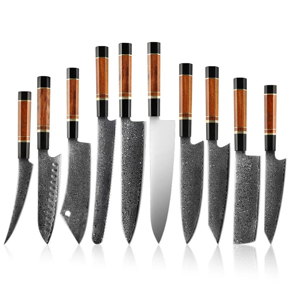 Yangjiang Amber Desert Ironwood Handle Japanese Style Knife Set Kitchen Damascus Steel Wood Kitchen Knife Set