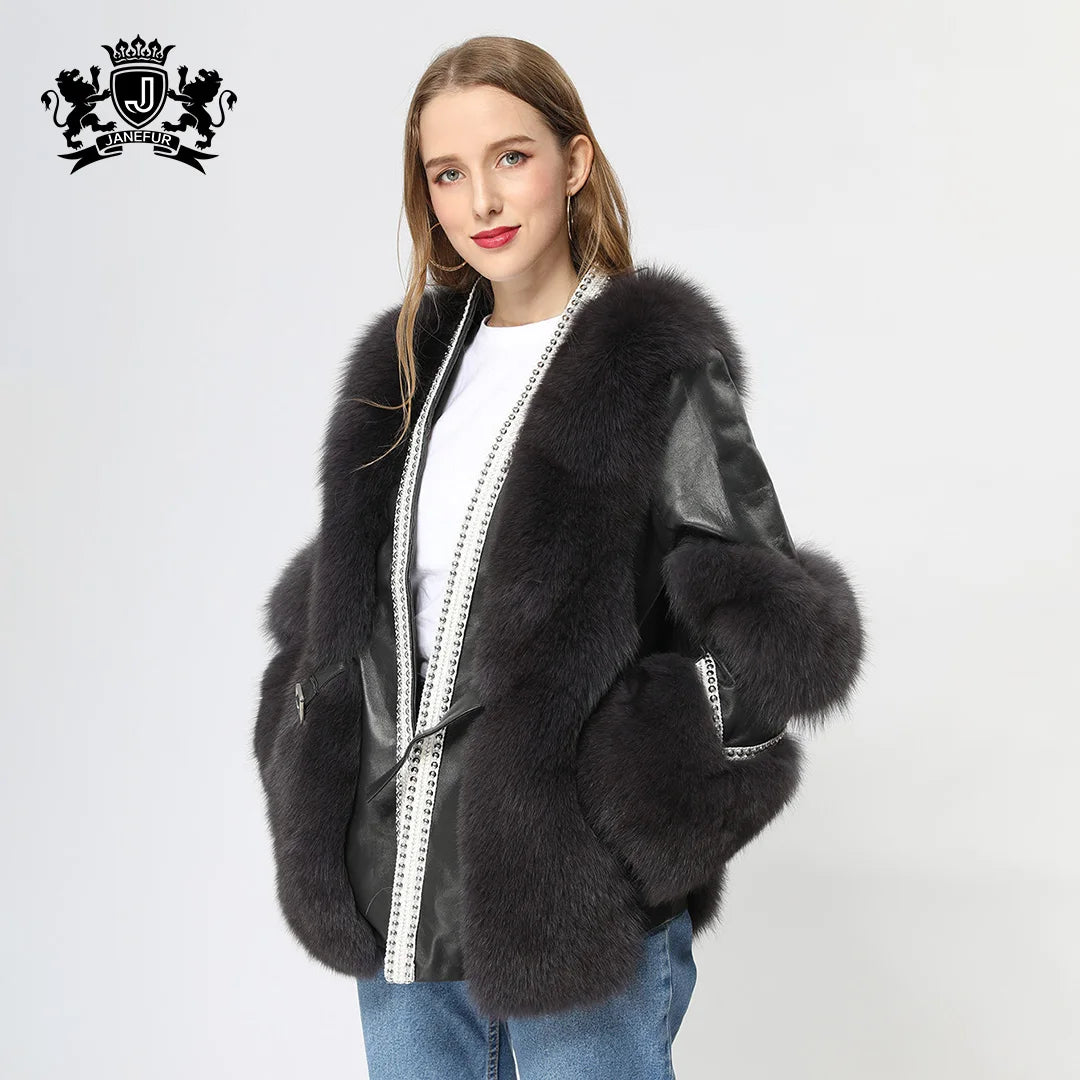 Factory Directly Wholesale Luxury Real Leather Fox Fur Coat for Women