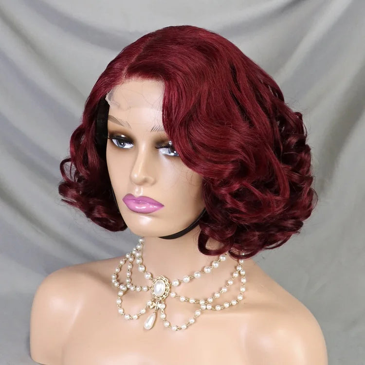 99J Burgundy Colored Brazilian Hair Pixie Cut Wig 300% Density 4X4 Lace Closure Pixie Curly Wig
