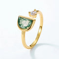 S925 Sterling Silver 14K Gold Plated Half Moon Green Moss Agate Open Ring CZ Accent Dainty Minimalist Cuff Ring for Women