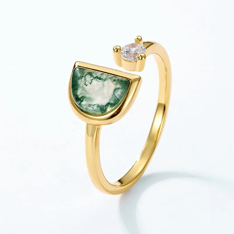S925 Sterling Silver 14K Gold Plated Half Moon Green Moss Agate Open Ring CZ Accent Dainty Minimalist Cuff Ring for Women