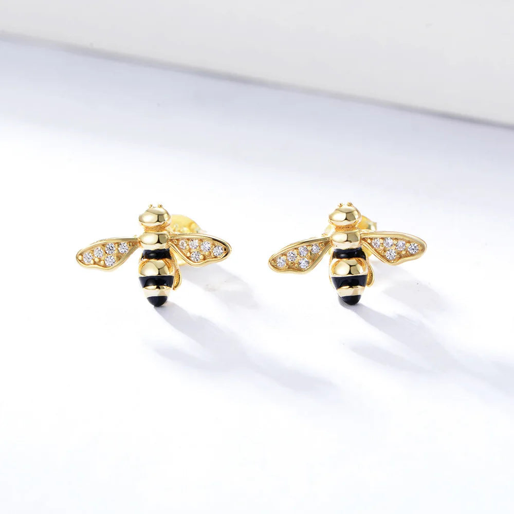 Zirconia Bee Enamel Stud Earrings 14k Gold Plated 925 Sterling Silver New Arrival Trendy Accessories Women's Zircon Eco-friend