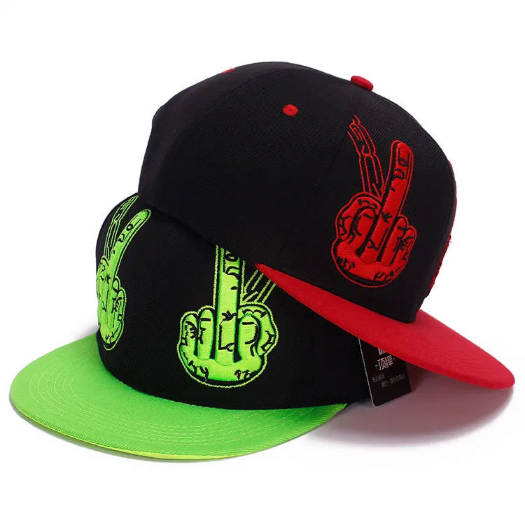 Korean Spring Shade Hip Hop Hat Three Dimensional Embroidery Finger Gesture Flat Brim Sports Cap Personality Snapback Hat Men