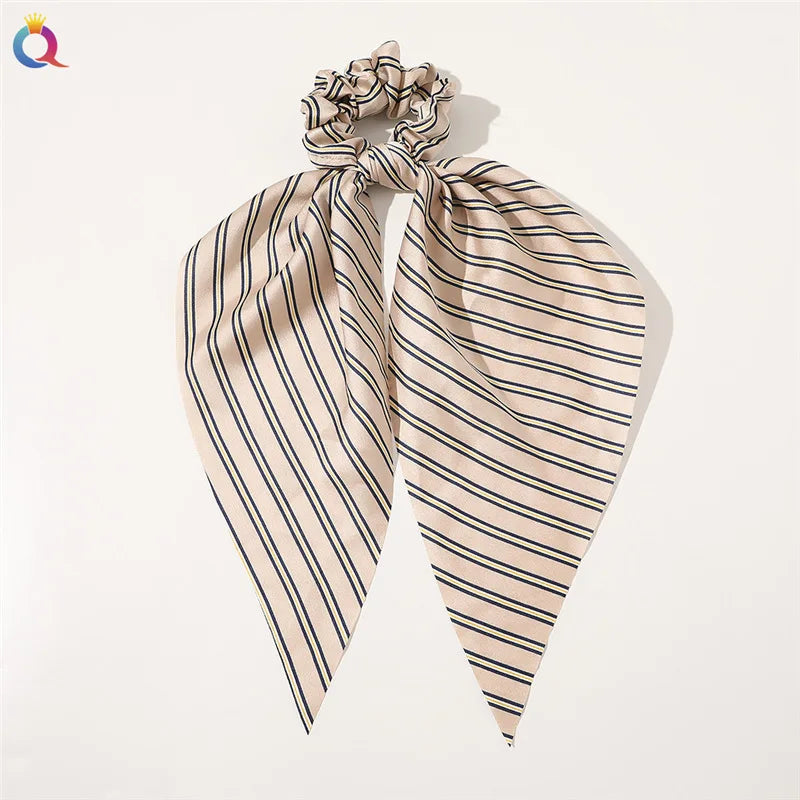 Hot Selling Quality  Long Satin Hair Bands Cheap Colorful Blue Ponytail Ribbon Bow Scrunchies Hand Knit for Women and Girls