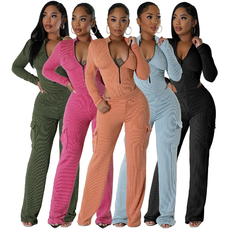 2025 Fall Winter v Neck FashionTwo Piece Set Women Clothing Onesie Wide Leg Overalls Pants Outfits With Pocket
