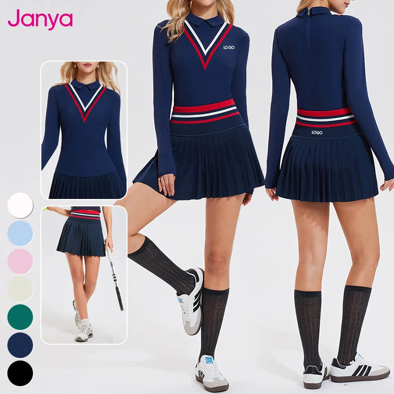 Janya Quick Dry Sportswear Color Blocking Pickleball Wear Custom Logo Sport Polo Wear Pleated Tennis Skirt 2 Piece Set for Women