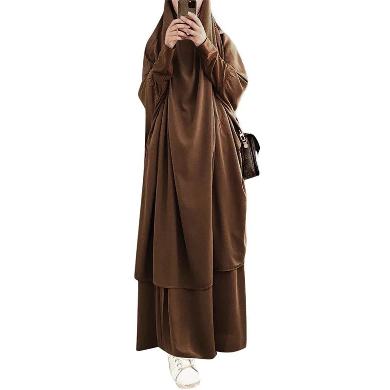 New Muslim Dubai Islamic Clothing EID Women 2 Piece Nida Robe Khimar Jilbabs Ramadan Prayer Dress Abaya