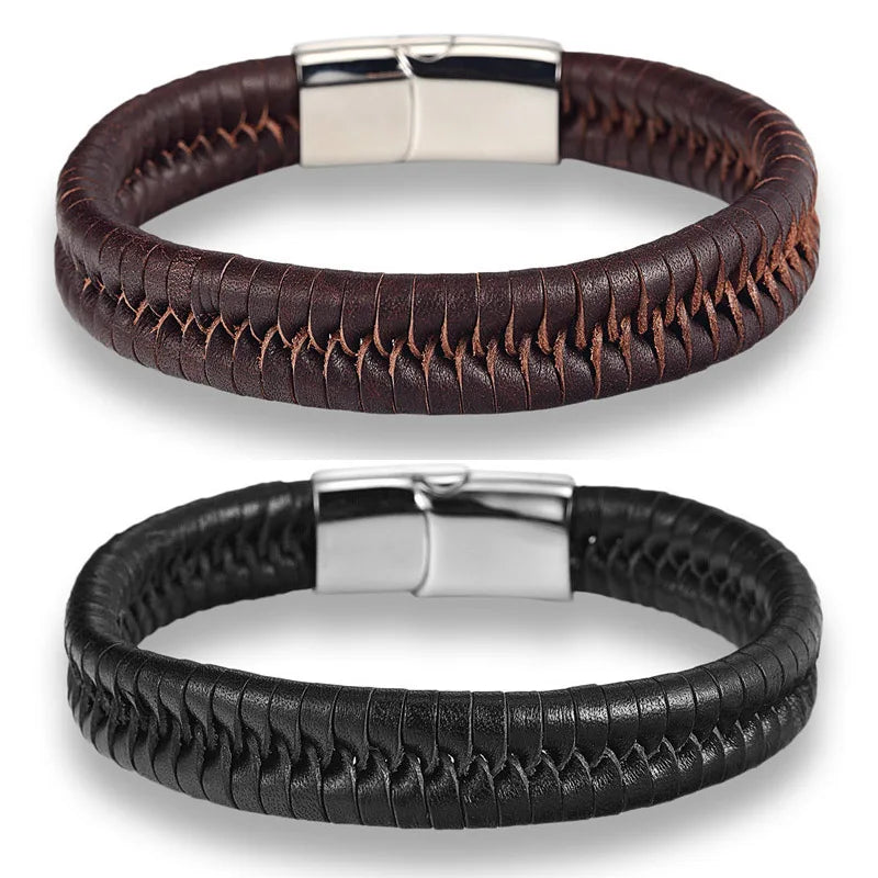 Hot Selling Genuine Leather Stainless Steel Silver Plated Magnetic Clasp Handmade Braided Bracelet for Men Gift Jewelry