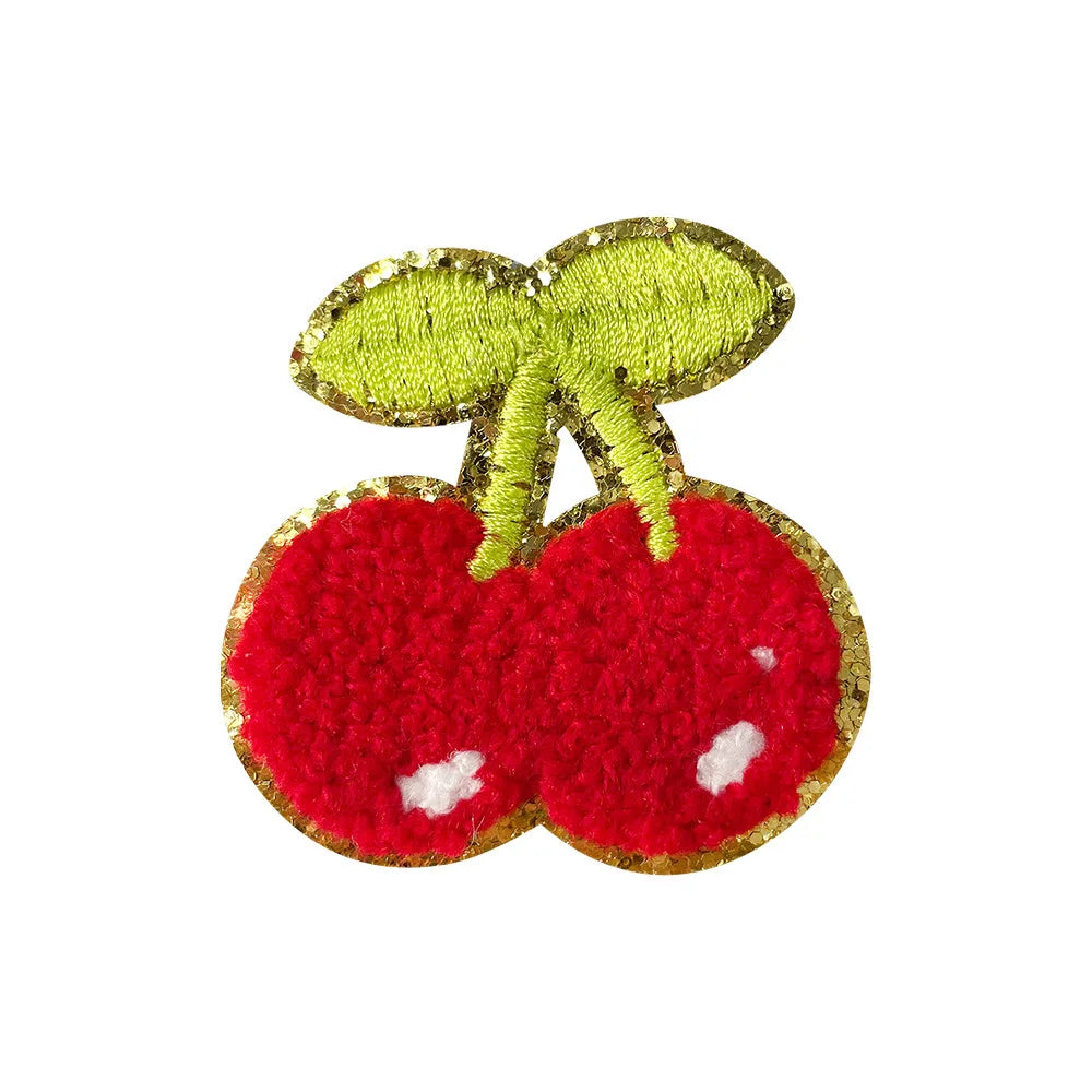 NEW Iron on Cute Gold Glitter Edge  Cherry Chenille Patch