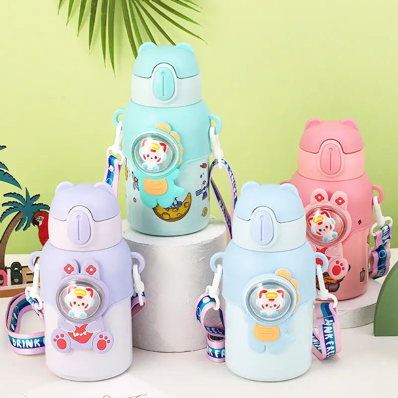Cute Boys & Girls Insulated Thermos Cups 316 Stainless Steel Double Wall Vacuum School Kids Hot Water Bottle Straw/Strap Travel