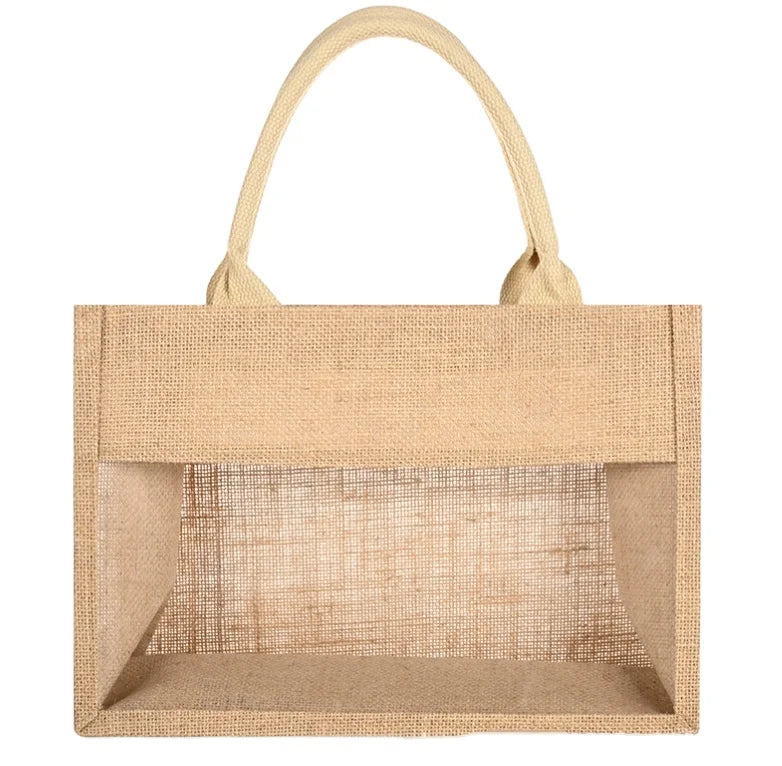 Wholesale Jute Bags Linen Handbags DIY Hand-painted Burlap Bags Joint Pvc clear Window