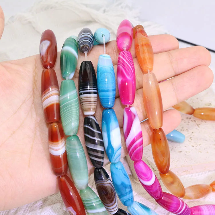 AB0870 Jewelry Mala Focal Beads Natural Multicolored Pink Banded Striped Agate Barrel Oval Rice Barrel Drum Beads