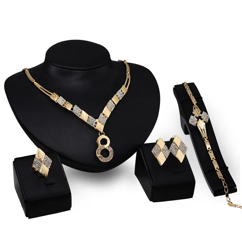 Hot Selling Jewelry Sets Alloy Crystal Concise Style 4PCS Jewelry Set Earring Rings Necklace Jewelry Sets for Women