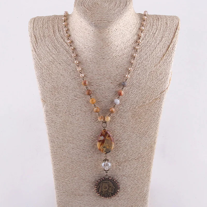 Bohemian Jewelry Women Boho Natural Crazy Agate Gemstone Necklace  Crystal Glass Rosary Chain Buffalo Pendant Necklace
