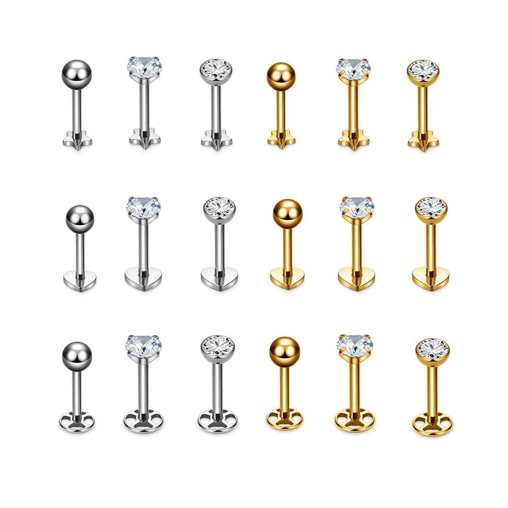 F136 Titanium 16G Labret Lip Piercing Studs Round Ball CZ Internal Thread Nose Stud Earrings Cartilage Ear Nose Pierc Jewelry