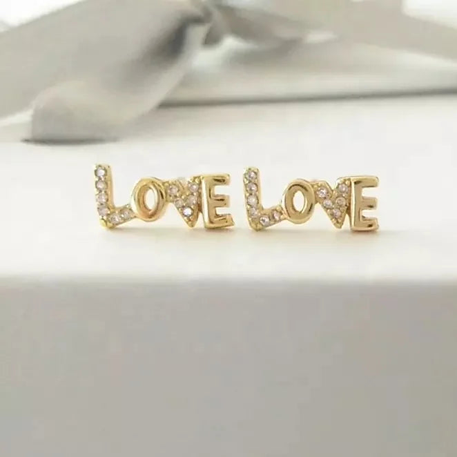 LOZRUNVE 925 Sterling Silver Pave Diamond Love Word Stud Earring Sweet