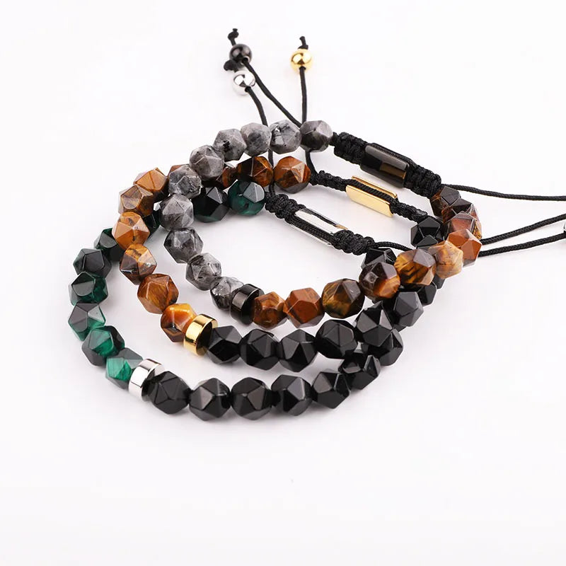 Renting Jewelry New Design Custom Jewelry Faceted Natural Stone Beads Stainless Steel Custom Macrame Bracelet for Men