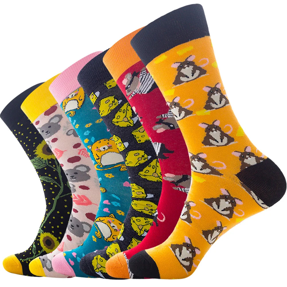 Unisex Casual Cartoon Cute Mice Cheese Floral Jacquard Tube Stockings High Crew for Spring Season
