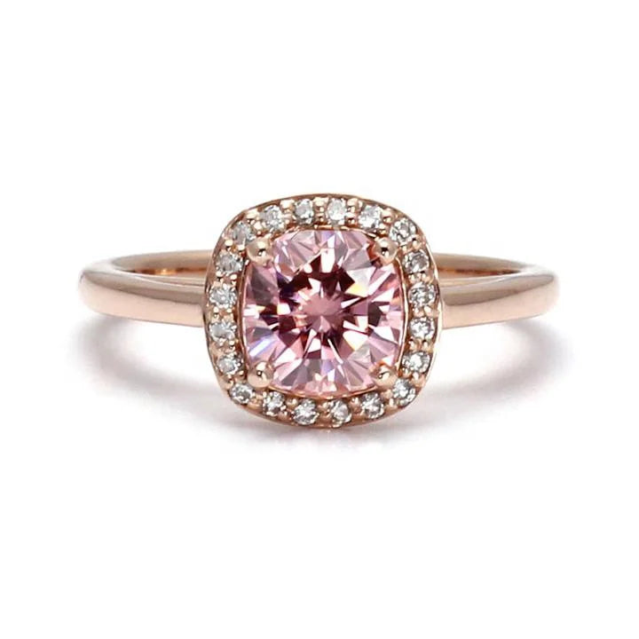 Rose Gold Plated Jewelry 6mm Cushion Cut Diamond Pink Moissanite Engagement Halo Ring
