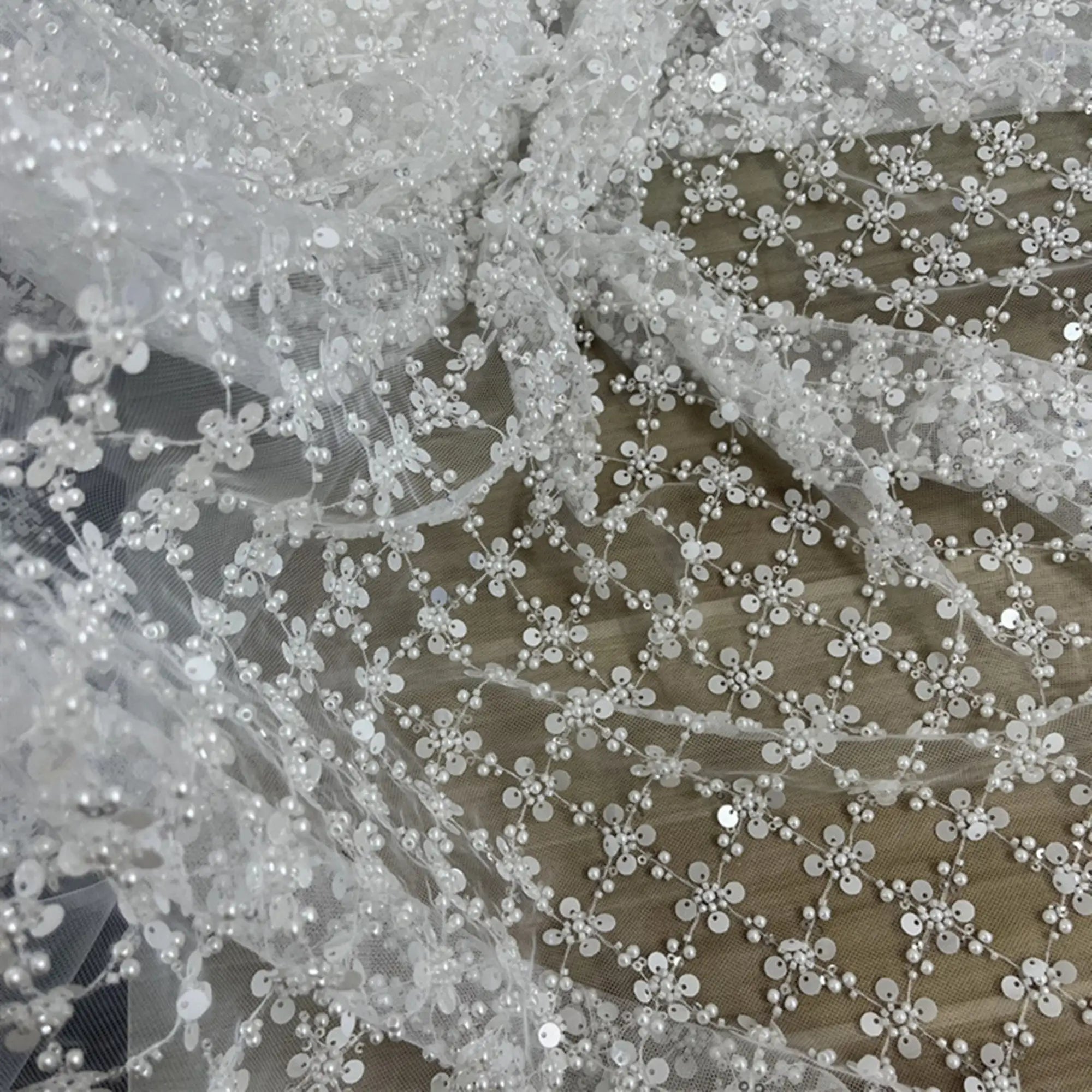 White Sequins Beads Pearls Exquisite Floral Embroidery Wedding Bridal Embroidery Beads Fabric