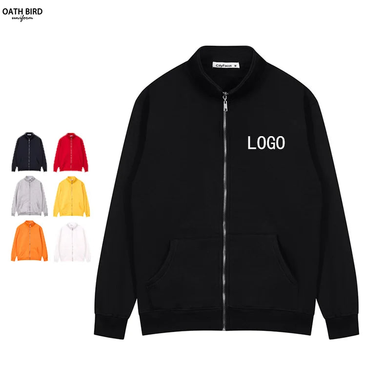 Wholesale Custom Logo Printed Stand Collar Full Zipper Plain Blank Jacket Solid Sportswear Brushed Terry Zip-up Jacket for Men