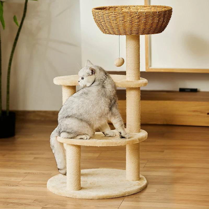 2025 Design Fleece Cat Climbing Tree Customized Wooden House Luxury Morden Cat Scratcher Tree Tower Rattan Furniture for Big Cat