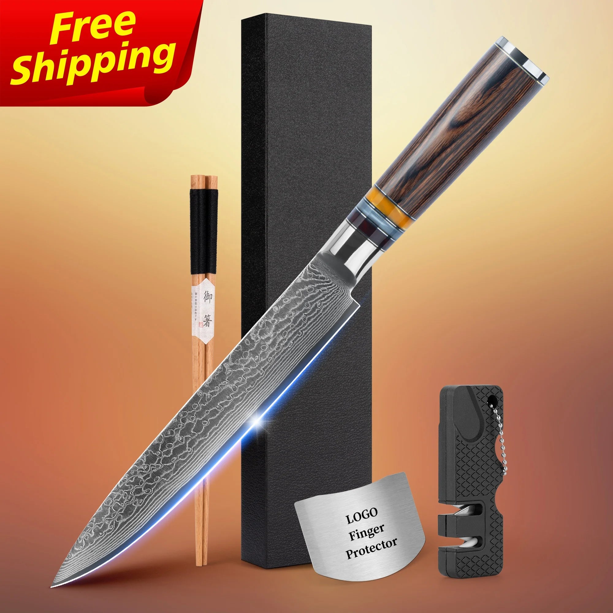 Free Shipping 8 Inch Damascus Steel Bread Slice Utility Paring Knives Cutlery for Gift Brown Pakka Wood Handle Free logo