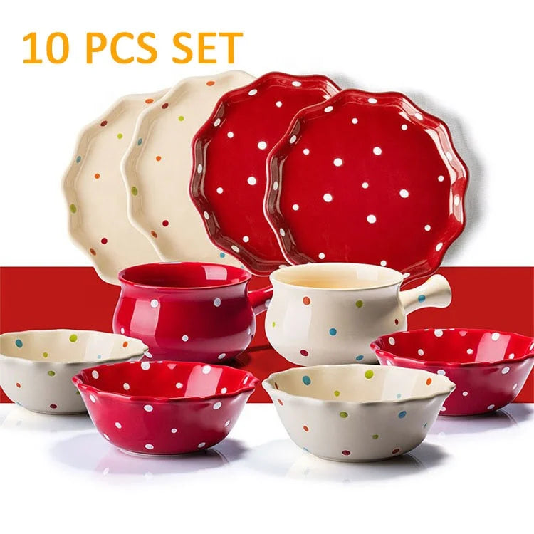 10 Pcs Set Hand Painted Bright Colored Pots Bowls Plates Ceramic Tableware Set Dinnerware Gift Dinner Dinnerware Set