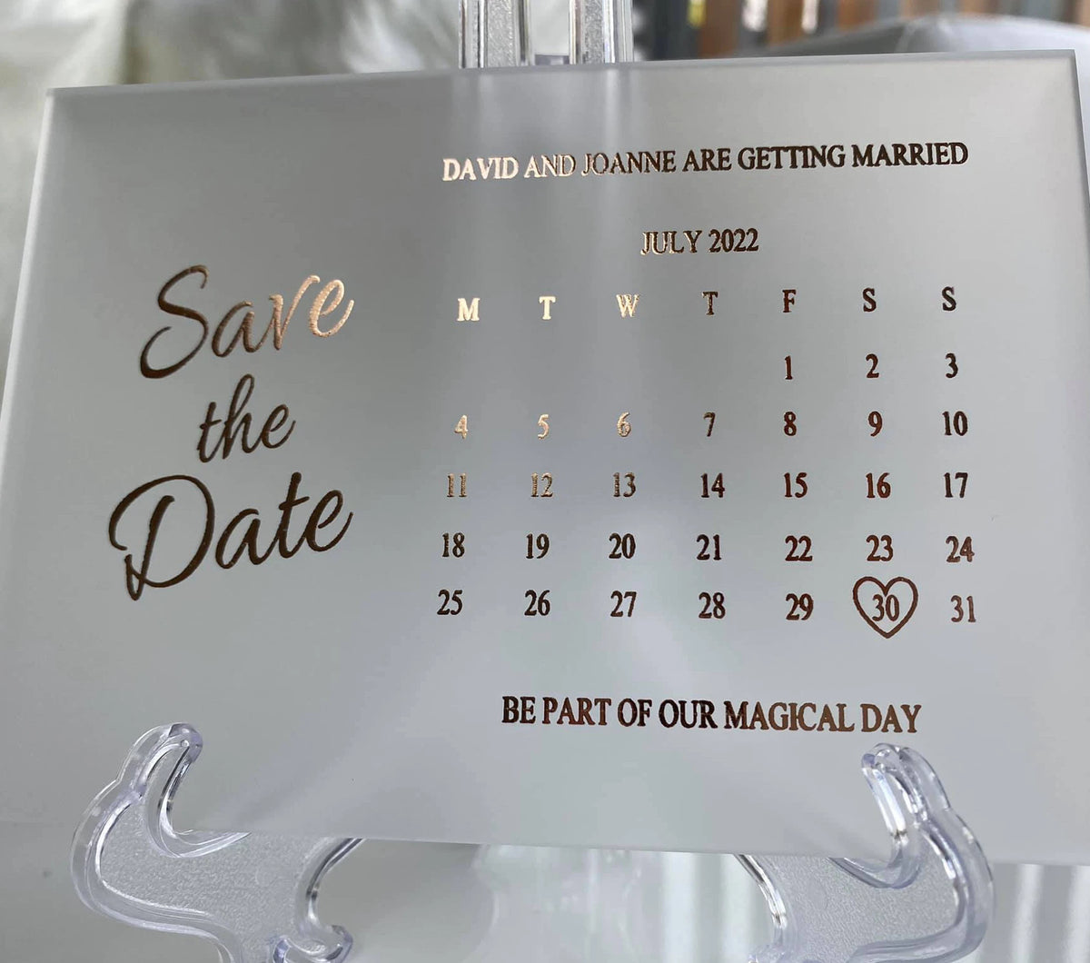 Rose Gold Stamped 3mm Thickness Frosted Acrylic Save the Date Card