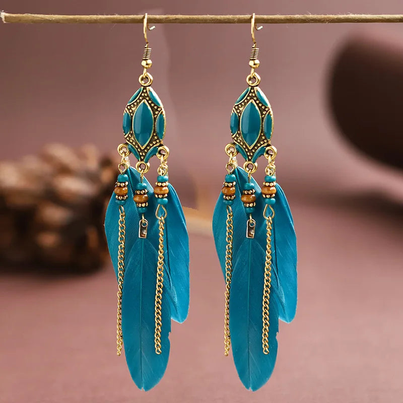Bohemian Style Handmade Black Red Blue Colorful Dangle Long Real Feather Tassel Boho Earring Jewelry for Women