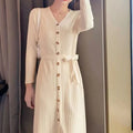 2022 Autumn Collection Women's Casual Straight Midi Long Dress V-Neck Button Solid Color Long Sleeve Knit A-Line Natural French