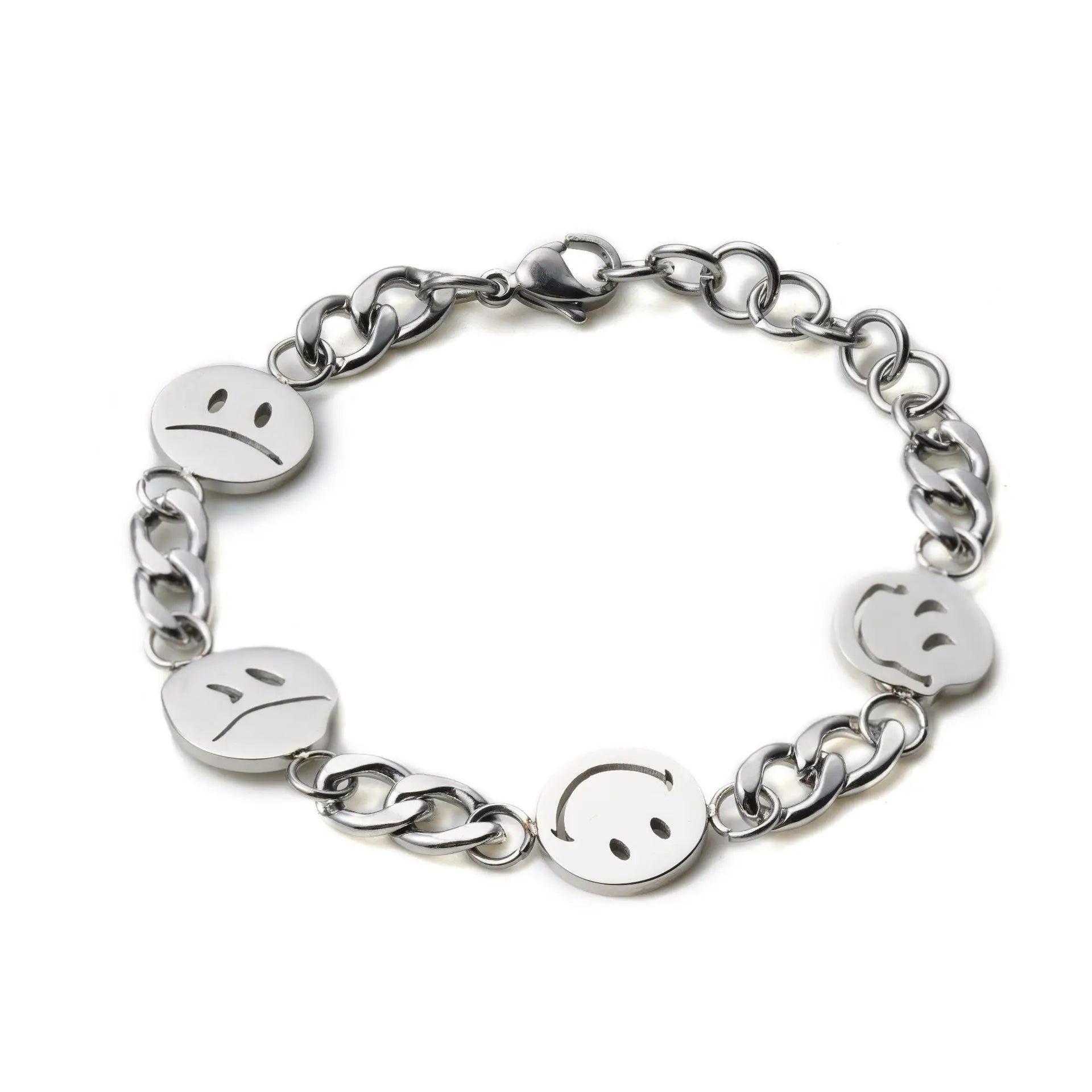 Hip Hop Men Stainless Steel Link Chain Smile and Sad Emoticon Bracelet