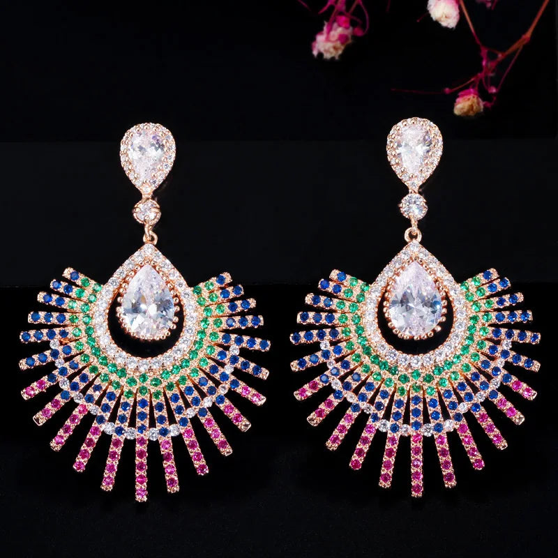 Exquisite Dazzling Colorful Blue Green Red Cubic Zirconia Paved Big CZ Luxury Drop 585 Gold Boho Earrings Jewelry for Women Prom