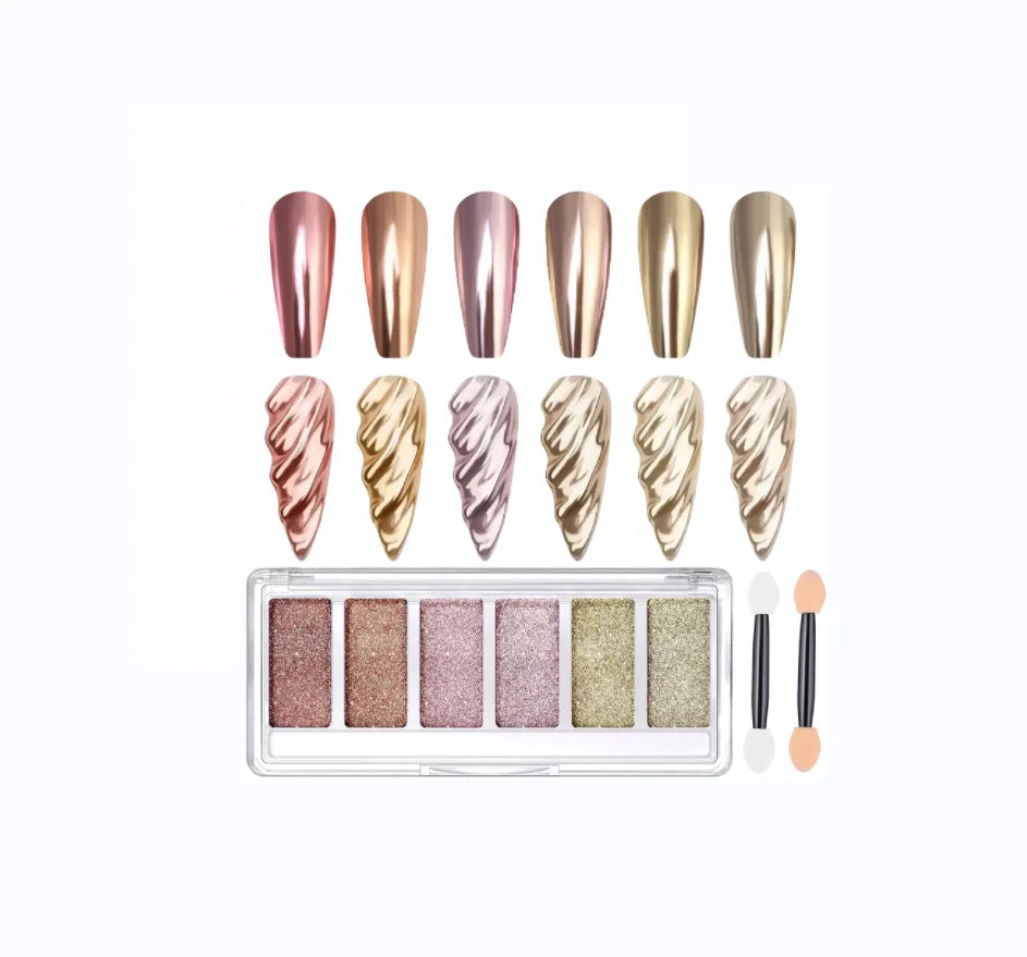 Gold Chrome Nail Powder 6 Colors Metallic Mirror Effect Pink Champagne Nail Chrome Powder Applicator for Salon DIY