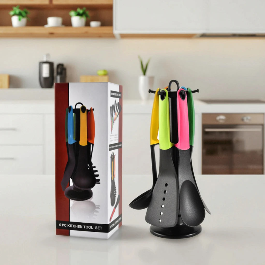 Manufacturer Direct 7pcs Eco-Friendly Kitchen Utensil Set Gold Nylon Tools with Wood and Silicone Handle for Home Kitchen Use
